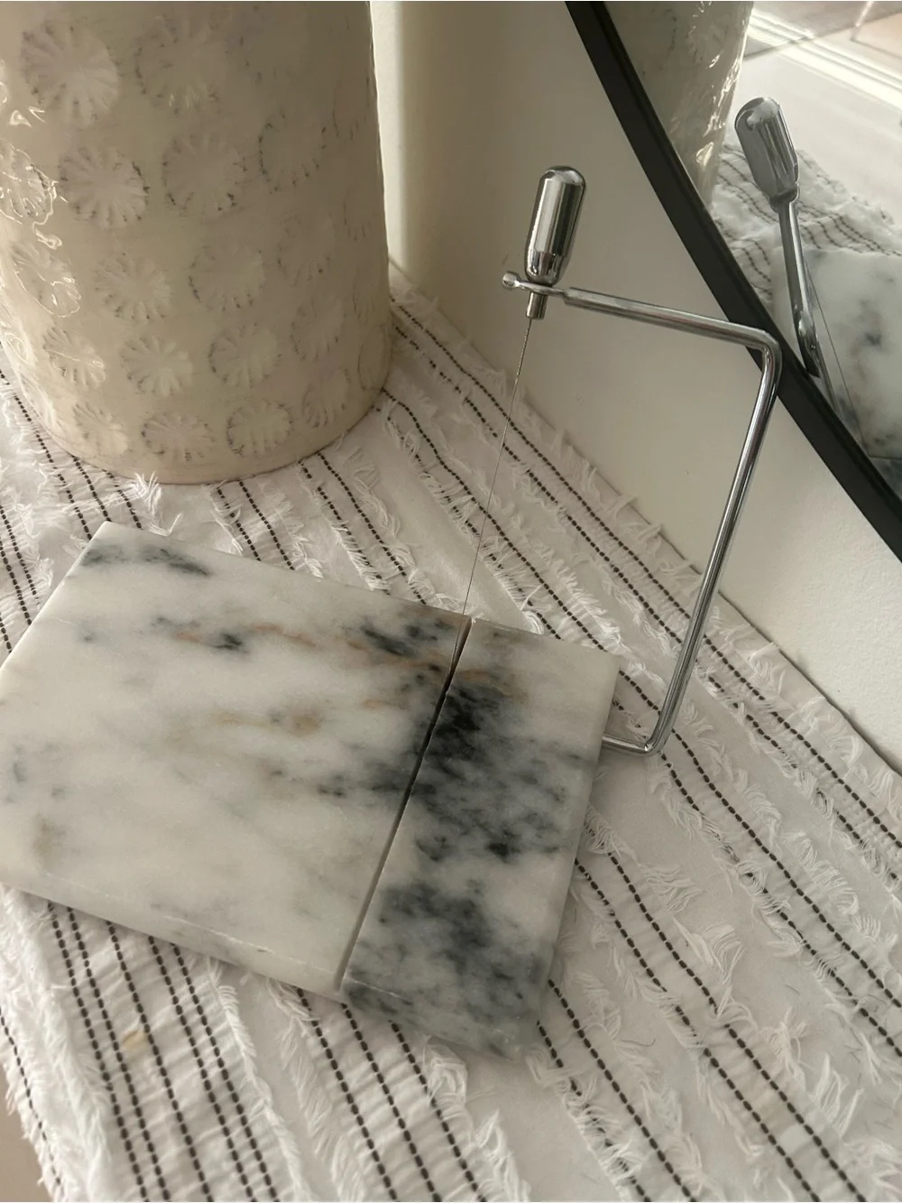 Crate & Barrel White Gray Marble Cheese Slicer Kitchen Tool